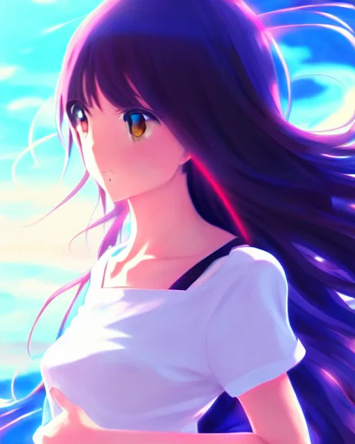 Image similar to anime style, vivid, expressive, full body, 4 k, painting, a cute magical girl with a long wavy black hair, stunning, realistic light and shadow effects, centered, simple background, studio ghibly makoto shinkai yuji yamaguchi