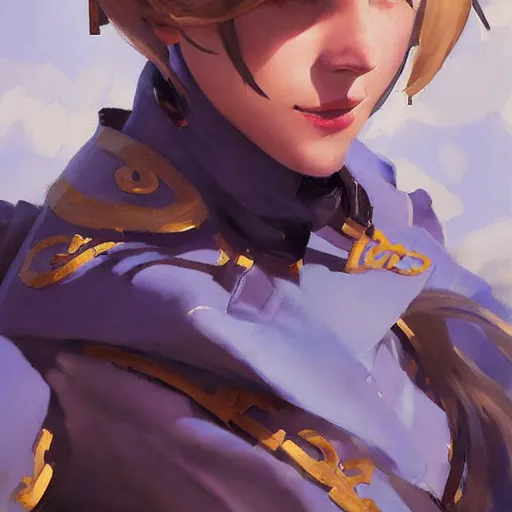 Image similar to greg manchess portrait painting of violet evergarden as overwatch character, totally whack, medium shot, asymmetrical, profile picture, organic painting, sunny day, matte painting, bold shapes, hard edges, street art, trending on artstation, by huang guangjian and gil elvgren and sachin teng