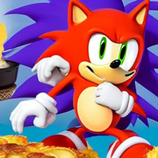 Prompt: Oops, Sonic the Hedgehog ate too much Mac\'n\'Cheese! He might explode! Run!