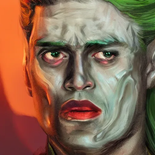 Image similar to peter o'toole, messy green hair, white face, red lips, portrait, realistic, concept art, lee bermejo, influenced by lawrence of arabia