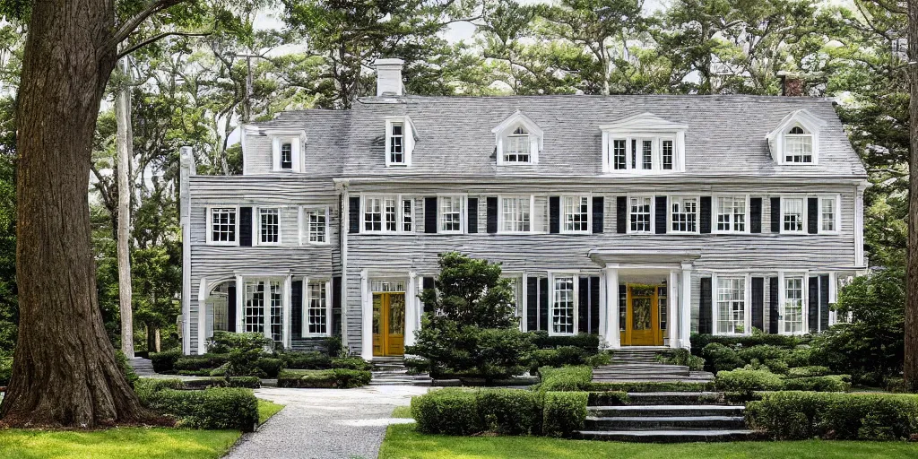 Image similar to grey brick wooden cape cod with pine trees and tile white black mansion by mcalpine house, by jackson & leroy architects