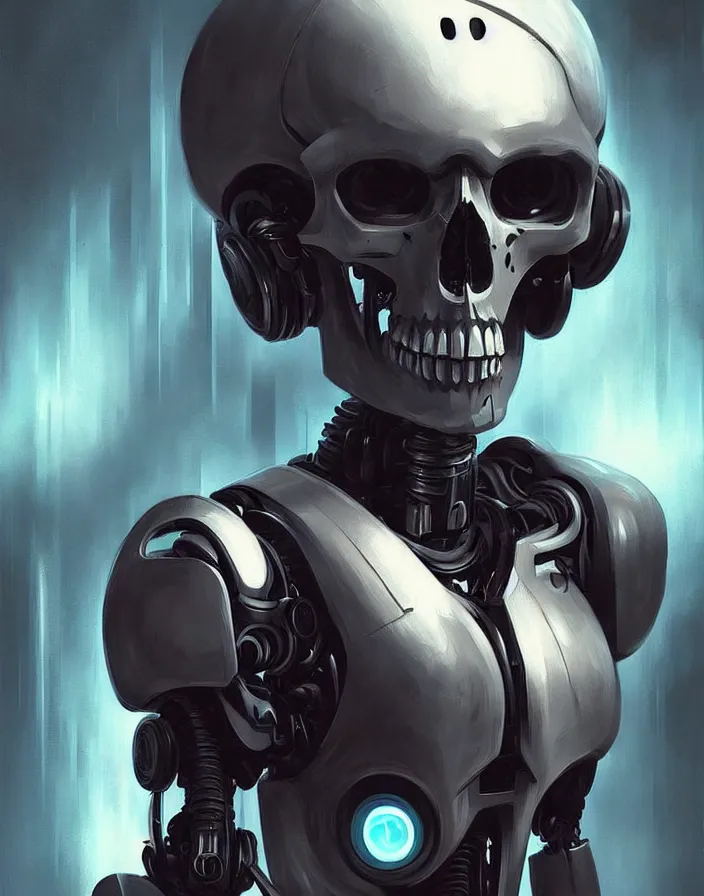 Image similar to skull - headed robot cyborg painting, illutstration, concept art, cyberpunk, futurism, comics art, artgerm, full body shot, wide angle