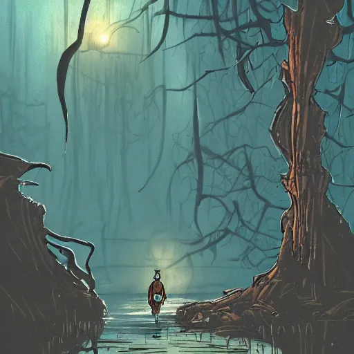 Image similar to illustration of a small and rusty observation droid in a swamp by don bluth, eerie atmosphere, fog, cinematic lighting, pulp adventure comics