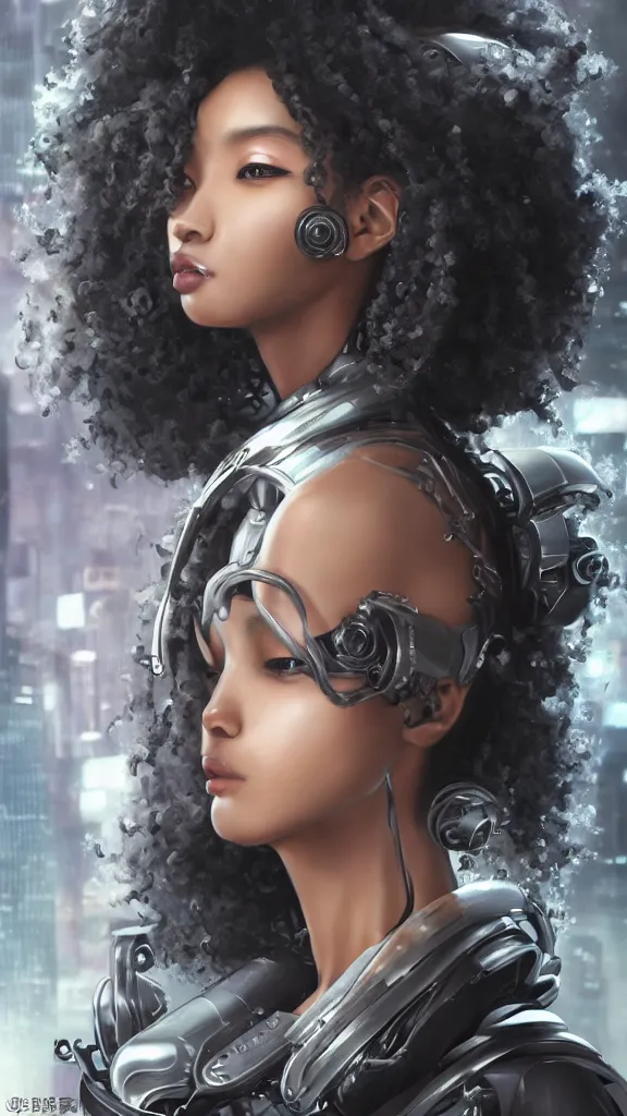 Prompt: ultra realistic elegant futuristic cyberpunk art, beautiful alluring anime blasian woman, afro big curls with highlights, haute couture, gorgeous face and figure, sci - fi, fantasy, intricate, elegant, highly detailed, digital painting, artstation, concept art, smooth, sharp focus, illustration, art by tian zi and yuxiang chen and artgerm and greg rutkowski