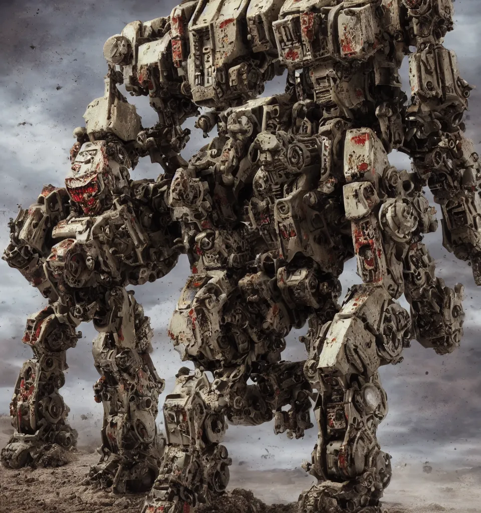 Image similar to cinematic still of a zombie heavy mech military space marine, by kow yokoyama, maschinen krieger, hobby japan, stormy post apocalyptic desert, highly detailed, 3 5 mm, shot with canon 5 d mark ii, face detail, rob bottin, rick baker, jordu schell, artstation, cg society, soft illumination