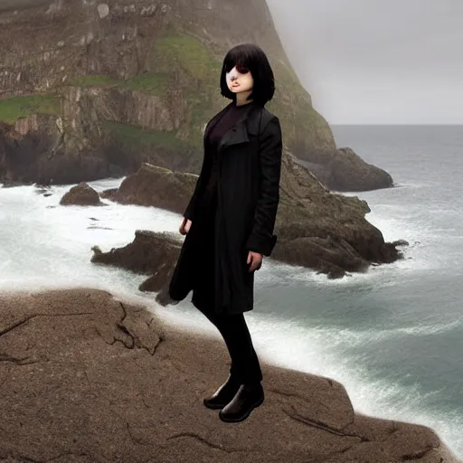 Image similar to 1 7 - year - old pale - skinned persian girl with black long bob cut, long bangs, black gothic jacket, black jeans, psychic girl, psychokinetic girl, standing on cliff along the irish coast, overcast gray skies, ultra - realistic, sharp details, subsurface scattering, intricate details, art by william - adolphe bouguereau