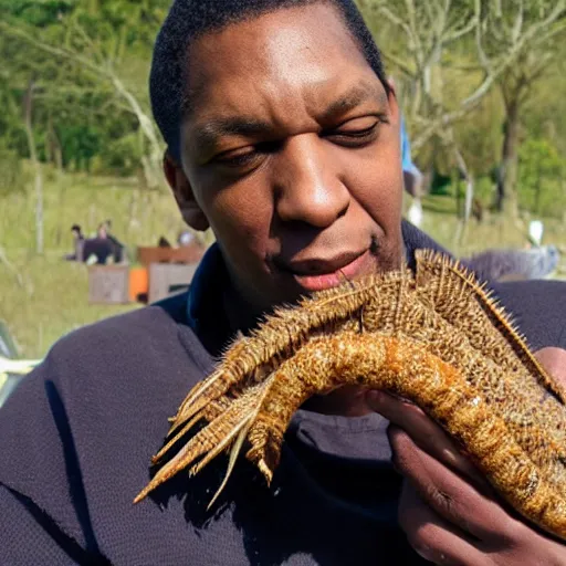 Image similar to john coltrane snuggling a giant mealworm
