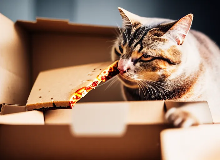 Image similar to photo of a very fat cat chewing pizza inside a cardboard box. nikon d 8 5 0 5 5 mm. dof. cinematic postprocessing.