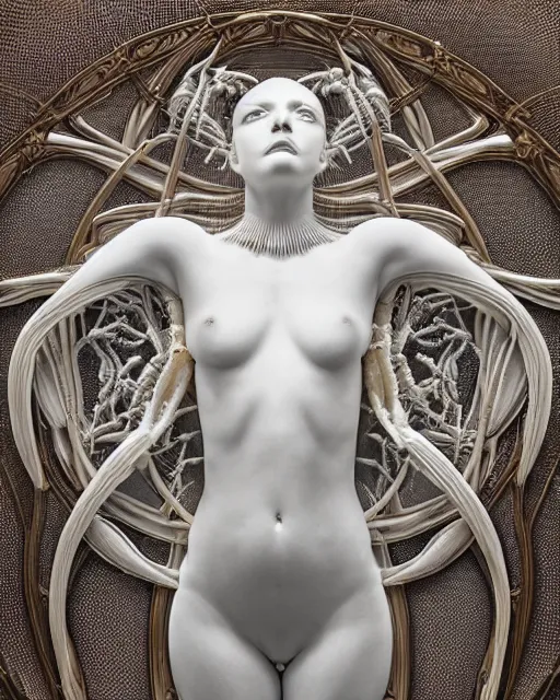 Prompt: symmetry, intracate white marble bas relief sculpture of a woman made of crabs, white marble with gold wire inlay, thousands of crabs, thousands of spiders, thousands of tarantulas, highly detailed, intricately detailed, art nuevo, octane, 8 k, hdr, art by hr geiger and ridley scott and alphonse mucha, trending on artstation