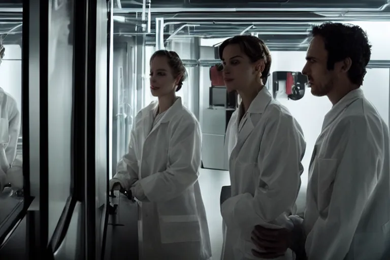 Image similar to movie closeup polar opposites, couple, researchers in a futuristic lab building inter dimensional portal machine, beautiful skin, Symmetrical faces. Beautiful lighting by Emmanuel Lubezki