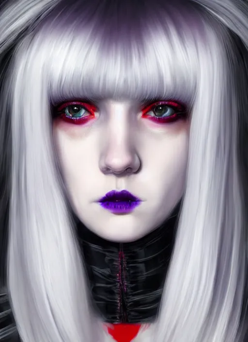 Image similar to portrait of white teenage girl, normal face, white bangs, mall goth, cyberlox, black and white hair, bangs, fluffy bangs, red contact lenses, purple lipstick, intricate, elegant, highly detailed, digital painting, artstation, concept art, sharp focus, smooth, illustration, art by wlop, mars ravelo and greg rutkowski