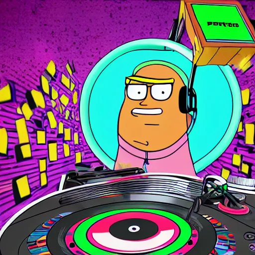 Image similar to svg sticker of a Family-Guy Peter-Griffin at a rave, spinning records, giant headphones rocking out, wearing headphones, huge speakers, dancing, rave, DJ, spinning records, digital art, amazing composition, rule-of-thirds, award-winning, trending on artstation, featured on deviantart