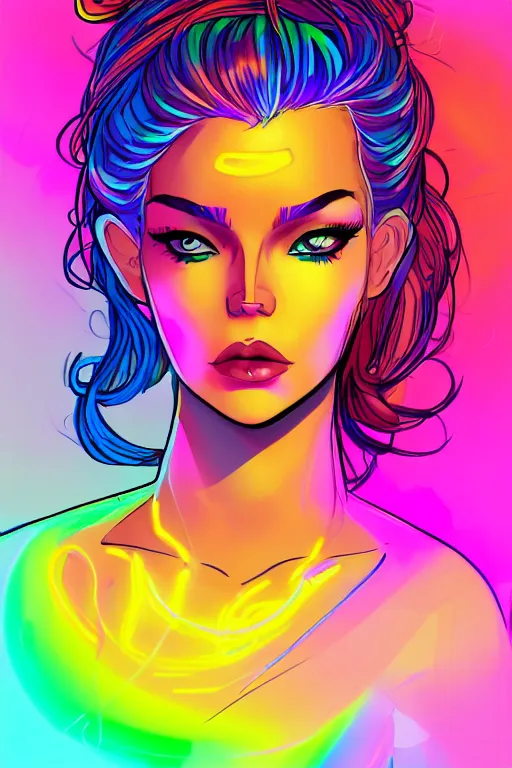 Image similar to a award winning portrait of a beautiful woman with stunning eyes in a one off shoulder crop top and cargo pants with rainbow colored hair, outlined by whirling illuminated neon lines and fine lines swirling in circles by greg tocchini, digital art, trending on artstation