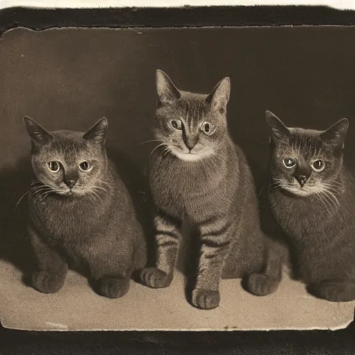 Image similar to daguerreotype of 3 cats in a trench coat
