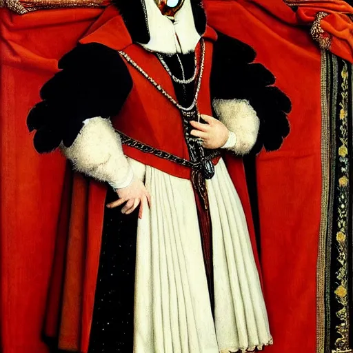 Image similar to a highly detailed painting of a raven dressed as an elegant tudor gentleman, in a room with thick red tapestries, by hans holbein