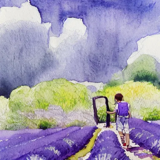 Image similar to a young boy walking in a field of lavender, talking on the phone and smiling, watercolour painting, french style,