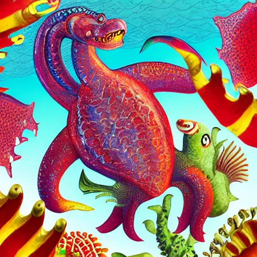 Prompt: hyperdetailed photorealistic elaborate childrenbook illustration of a modern sea monster. matte paper background.