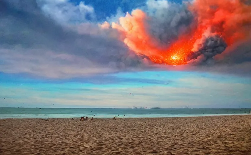 Prompt: sunny day at the beach blue sky big explosion on the horizon war apocalyptic realistic