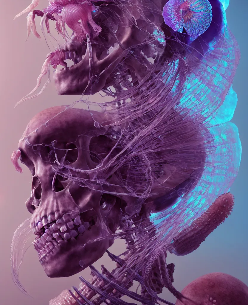 Image similar to goddess close - up portrait human skeleton, ram skull, jellyfish, orchid, betta fish, bioluminiscent, intricate artwork by tooth wu and wlop and beeple. octane render, trending on artstation, greg rutkowski very coherent symmetrical artwork. cinematic, hyper realism, high detail, octane render, 8 k