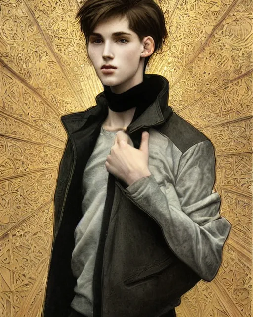 Image similar to portrait of 1 5 - year - old boy, a tall, slender boy with a pale, pointed face, sleek blond hair, and ice grey eyes, wearing black clothes, hyper realistic face, beautiful eyes, close up, fantasy art, in the style of greg rutkowski, intricate, alphonse mucha, hyper detailed, smooth