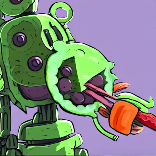 Image similar to robot made of vegetables with big avocado head and a carrot sword, made in abyss style