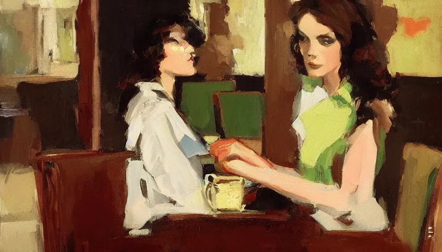 Image similar to painting by malcolm t liepke, young woman in cafe, detailed, stunning