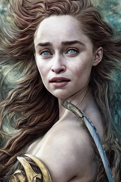 Prompt: A fantasy comic book style portrait painting of, hybrid, Emilia Clarke, Sophie Turner, as an Atlantean, Reptilian Warrior, Mystical Valkyrie, Armor, Sword, Archer Bow, Spear, Sheild, François Boucher, Oil Painting, unreal 5, DAZ, hyperrealistic, octane render, Regal, Refined, Detailed Digital Art, RPG portrait, Michael Cheval, William-Adolphe Bouguereau, Walt Disney (1937), Steampunk, dynamic lighting, Highly Detailed, Cinematic Lighting, Unreal Engine, 8k, HD