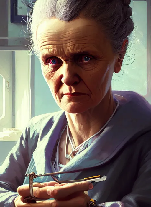 Image similar to highly detailed portrait of marie curie in gta v, stephen bliss, unreal engine, fantasy art by greg rutkowski, loish, rhads, ferdinand knab, makoto shinkai and lois van baarle, ilya kuvshinov, rossdraws, tom bagshaw, global illumination, radiant light, detailed and intricate environment