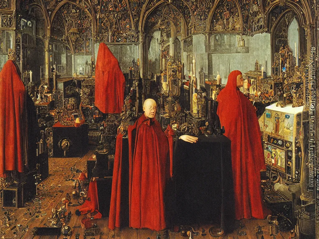 Prompt: portrait of an alchemist at a funeral with infinity mirror in the ice palace. painting by jan van eyck