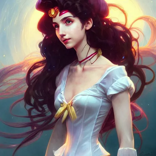 Image similar to Emily Rudd as Sailor Moon, western, D&D, fantasy, intricate, elegant, highly detailed, digital painting, artstation, concept art, matte, sharp focus, illustration, art by Artgerm and Greg Rutkowski and Alphonse Mucha