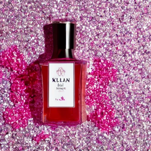 Image similar to a bottle of Kilian perfume, Kilian Love Don't Be Shy, the bottle of perfume is laying on pink sugar crystals, high resolution photo,