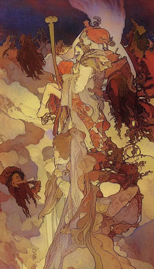 Image similar to the end of the world, by alfons maria mucha