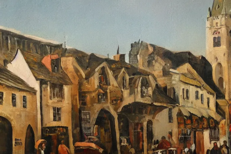 Image similar to middle ages town, oil painting, oil in canvas, brushstrokes