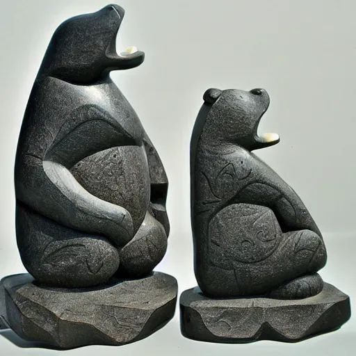 Image similar to paddling bear, stand up paddleboard, sup, in the style of soapstone carving, in the inuit carving style, soapstone, etching,