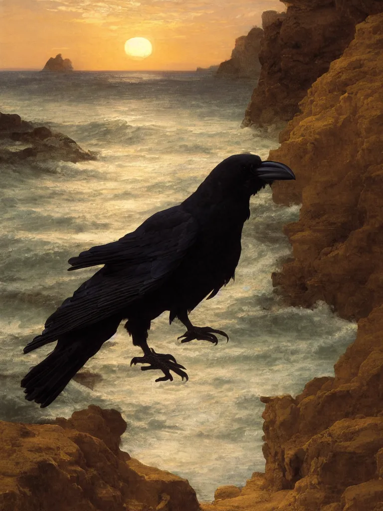 Image similar to a breathtakingly stunningly beautifully highly detailed close up portrait of a raven under a rock arch, epic coves crashing waves plants, beautiful clear harmonious composition, dynamically shot, wonderful strikingly beautiful serene sunset, detailed organic textures, by frederic leighton and rosetti and turner and eugene von guerard, 4 k