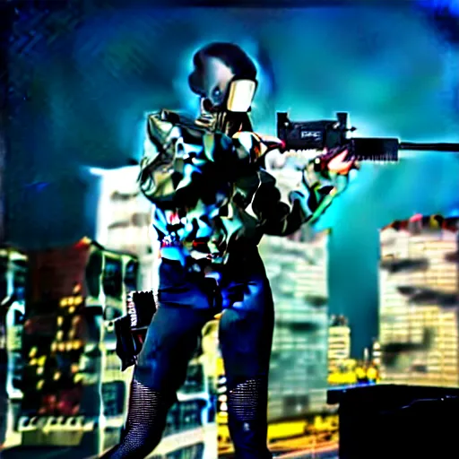 Image similar to photographic portrait of a techwear woman holding a shotgun, closeup, on the rooftop of a futuristic city at night, sigma 85mm f/1.4, 4k, depth of field, high resolution, full color, Die Hard, movies with guns, movie firearms