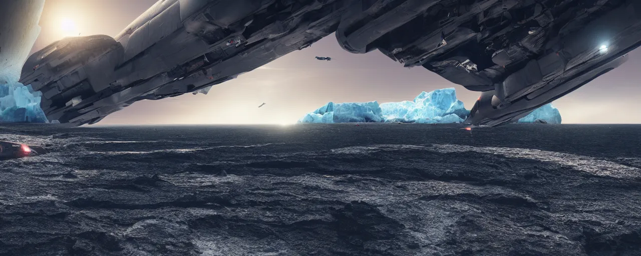 Image similar to matte painting of military spacecraft crashing into a black sand beach with icebergs in the distance, trending on artstation, octane render, hd, 8 k