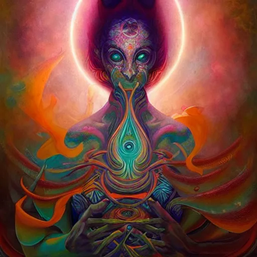 Prompt: psychedelic ayahuasca artwork of esao andrews frank peter mohrbacher, energy body, sacred geometry, esoteric art, divinity, detailed, magic the gathering art