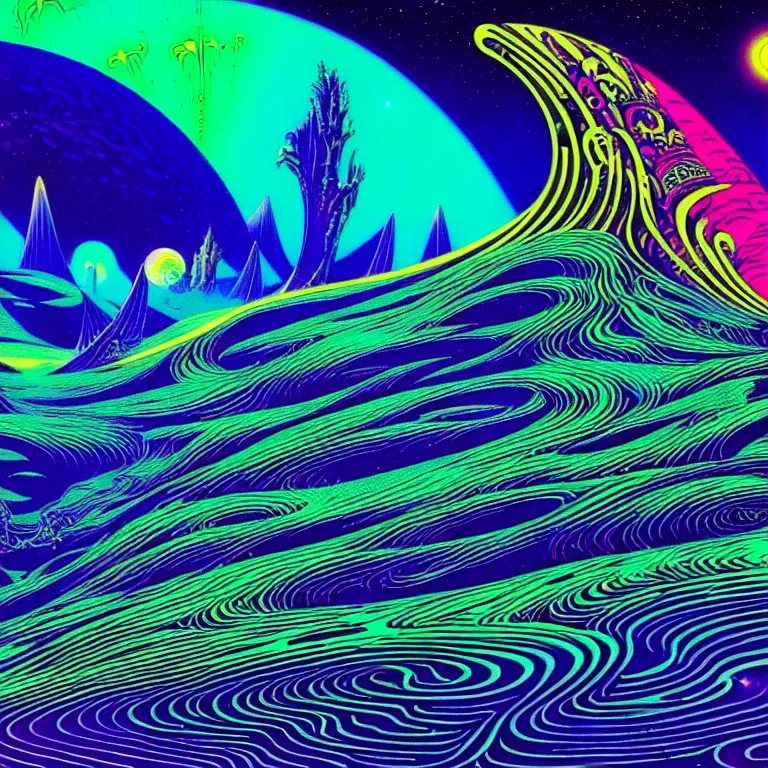 Image similar to mysterious edge of interstellar space, psychedelic waves, synthwave, bright neon colors, highly detailed, cinematic, eyvind earle, tim white, philippe druillet, roger dean, ernst haeckel, lisa frank, aubrey beardsley