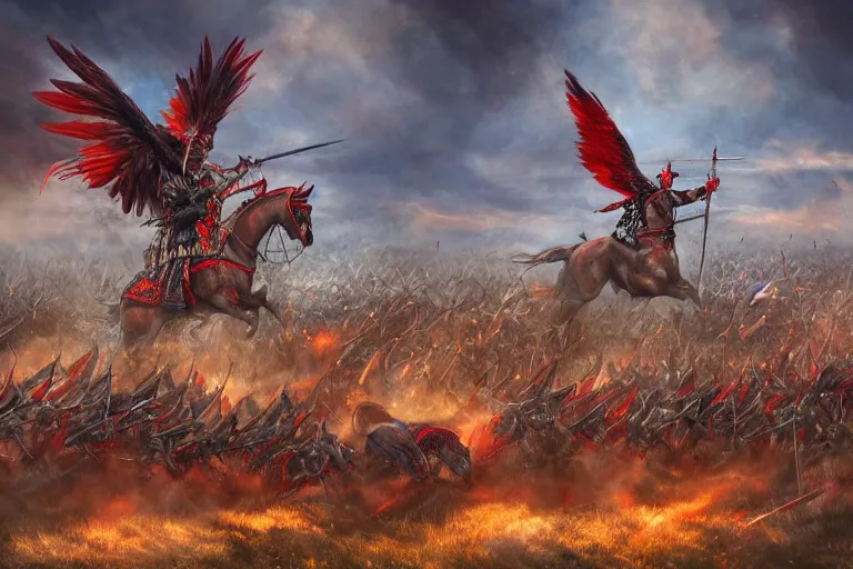 Image similar to Majestic powerfull red white Winged Hussars cavalry horde charging at ugly rainbow demons and trolls on ground, huge golden cross above them on the sky, white red eagle helping hussars, blood, snow, wide angle, professional kodak lenses, magic, fire, face painting, dramatic lighting, intricate, wild, highly detailed, digital painting, artstation, concept art, smooth, sharp focus, illustration, art by artgerm and greg rutkowski and alphonse mucha, footage from space camera