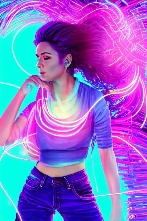 Image similar to a award winning half body portrait of a beautiful woman in a croptop and cargo pants with ombre purple pink teal hairstyle and hands in pockets by ari liloan, surrounded by whirling illuminated lines, outrun, vaporware, digital art, trending on artstation, highly detailed, fine detail, intricate