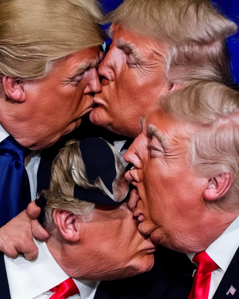 Image similar to high quality photo of donald trump kissing donald trump. donald trump kissing donald trump. donald trump kissing donald trump. award winning