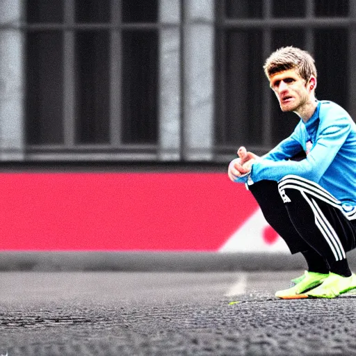 Image similar to Caricature but as 4k photography. thomas muller is a bum in the streets of berlin, looking at the ground, sad.