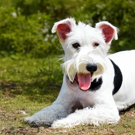 Prompt: old fox terrier with a white and black coat, red collar, white tail, lying in the sun