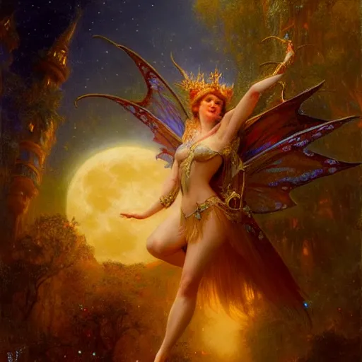 Image similar to attractive fairy queen fly high in the night, fantasy, full moon in background. hyper detailed painting by gaston bussiere, craig mullins, j. c. leyendecker, mid shot, 8 k, cryengone, cinematic lighting, beautiful,