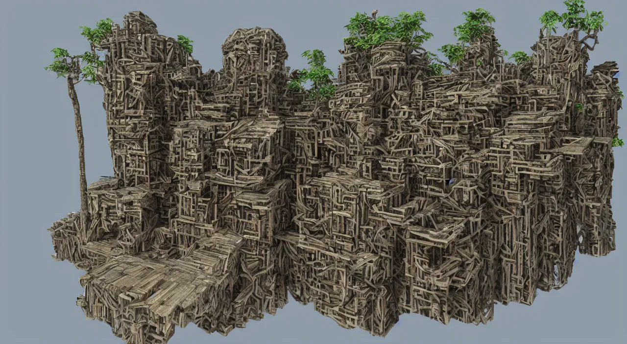 Image similar to wood fortress greeble block amazon jungle accadamy of tower cristal global illumination ray tracing