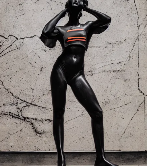 Image similar to dark black marble statue of a beautiful woman with colorful motocross logos in the style of virgil abloh, dark soft lighting, cinematic, very very beautiful, detailed, off white, heron preston, 8 k, 4 k, detailed, beautiful, symmetrical, vogue, editorial, fashion, magazine, museum lighting, night time, dark