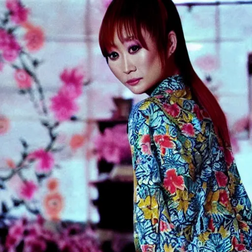 Image similar to Ayumi Hamasaki wearing batik shirt , film still, best scene,