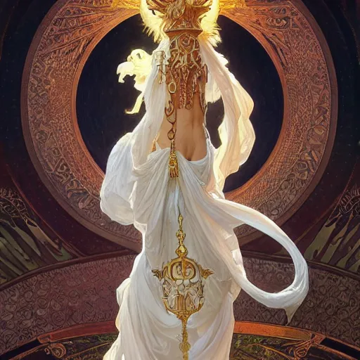 Image similar to a stunning dynamic pose full body of a celestial goddess of the dragons, intricate, 8k highly professionally detailed, hdr, CGSociety, dark fantasy, dynamic lighting, cinematic, pristine, smooth, cosplay, elegant, sharp focus, art by alphonse mucha and greg rutkowski,