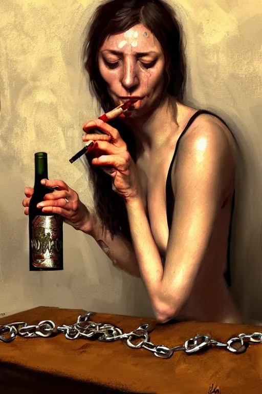 Prompt: dirty faced and very tired womanlooking pile smoking a winebottle, drugs, cigarrette boxes at the table, fantasy, intricate, elegant, highly detailed, digital painting, artstation, concept art, addiction, chains, smooth, sharp focus, illustration, art by Ilja Repin